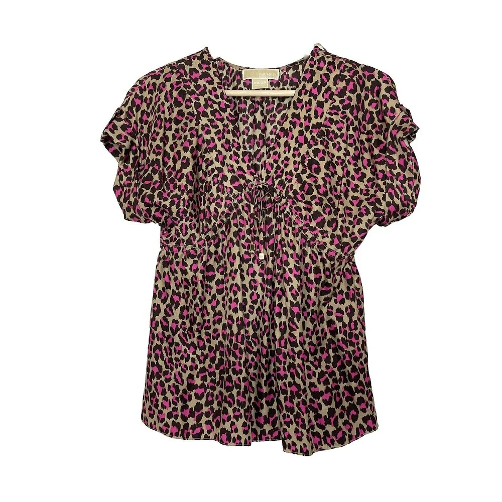 Michael Kors Womens XS Cheetah Pink Animal Print VNeck Short Sleeve Silk Blouse